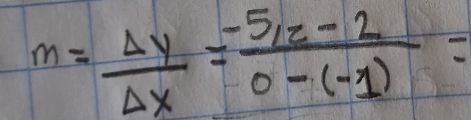 m= Delta y/Delta x = (-5/2-2)/0-(-1) =