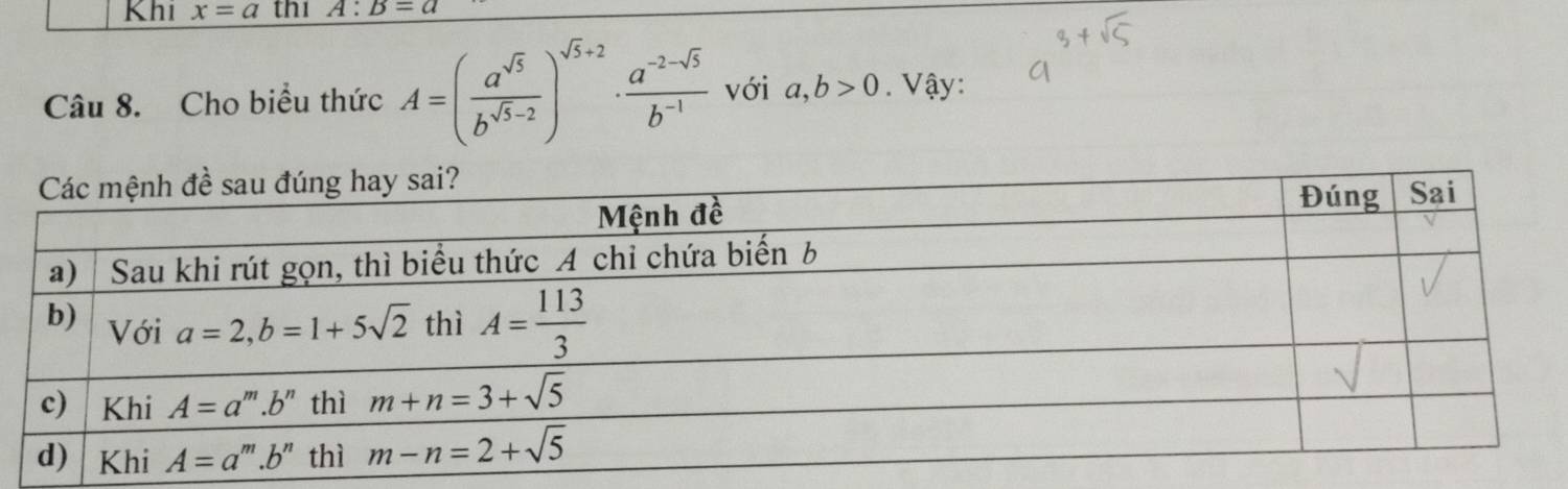 Khi x=a thi A:B=a
Câu 8. Cho biểu thức A=( a^(sqrt(5))/b^(sqrt(5)-2) )^sqrt(5)+2·  (a^(-2-sqrt(5)))/b^(-1)  với a,b>0. Vậy: