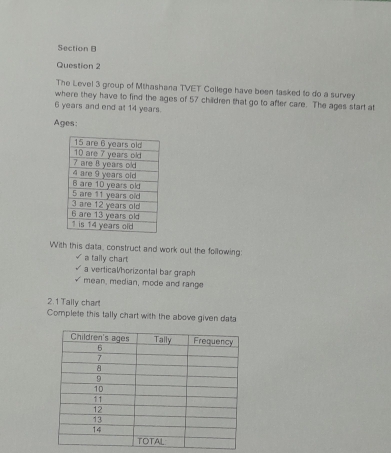 The Level 3 group of Mthashana TVET College have been tasked to do a survey 
where they have to find the ages of 57 children that go to after care. The ages start at
6 years and end at 14 years. 
Ages: 
With this data, construct and work out the following: 
a tally chart 
a verticaVhorizontal bar graph 
mean, median, mode and range 
2.1 Tally chart 
Complete this tally chart with the above given data