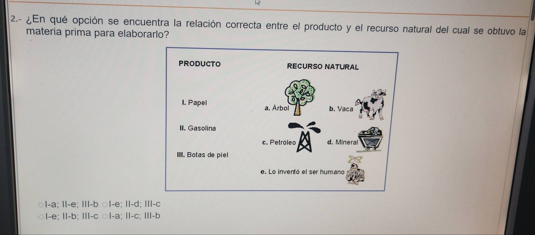 hs
2.- ¿En qué opción se encuentra la relación correcta entre el producto y el recurso natural del cual se obtuvo la
materia prima para elaborarlo?
I-a; |I-e; I-b ○I-e; I|-d; II|-c
1-e; |I-b; II|-c ○|-a; |I-c; II|-b