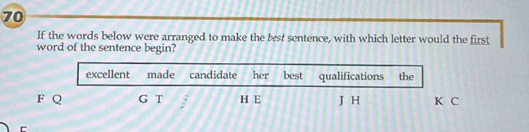 If the words below were arranged to make the best sentence, with which letter would the first
word of the sentence begin?
excellent made candidate her best qualifications the
F Q G T H E J H K C
C