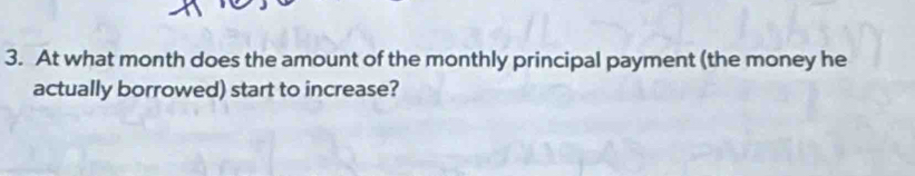 At what month does the amount of the monthly principal payment (the money he 
actually borrowed) start to increase?