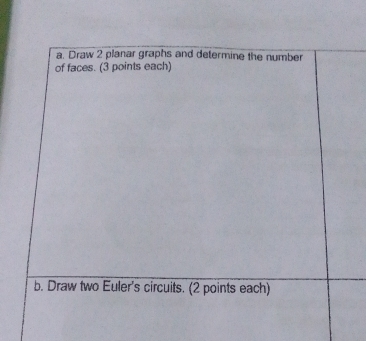 Draw 2 planar graphs and determine the number 
of faces. (3 points each) 
b. Draw two Euler's circuits. (2 points each)