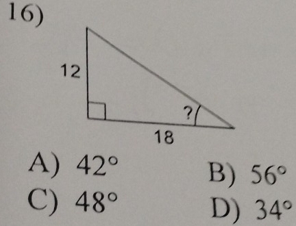 A) 42°
B) 56°
C) 48°
D) 34°