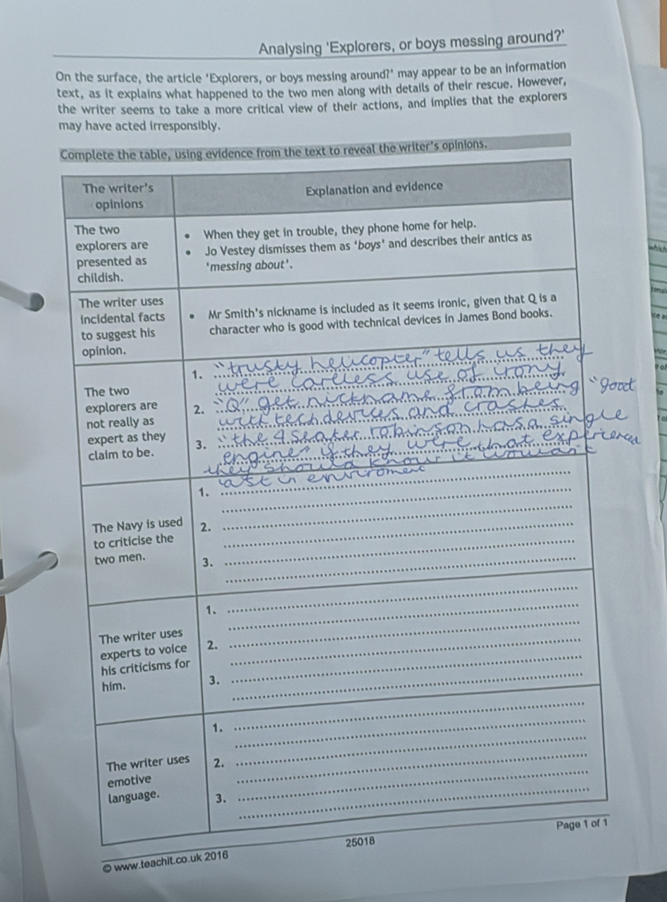 Analysing 'Explorers, or boys messing around?' 
On the surface, the article ‘Explorers, or boys messing around?’ may appear to be an information 
text, as it explains what happened to the two men along with details of their rescue. However, 
the writer seems to take a more critical view of their actions, and implies that the explorers 
may have acted irresponsibly. 
which 
_ 
en 
C 
Hr 
to 
© www.teac