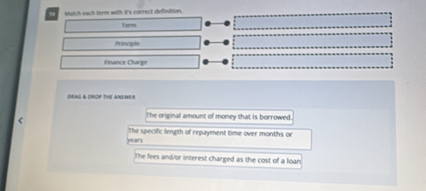 Match each term with it's correct definition. 
Torm 
Principle 
Finance Charge 
DRAG & DROP THE ANSWER 
The original amount of money that is borrowed. 
The specific length of repayment time over months or
years
The fees and/or interest charged as the cost of a loan