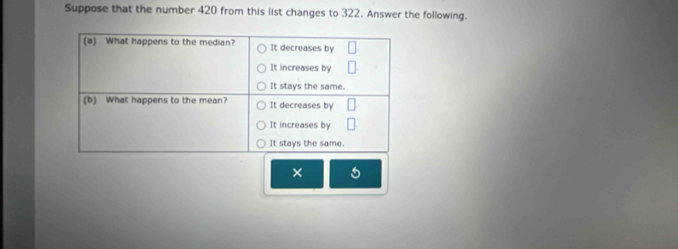 Suppose that the number 420 from this list changes to 322. Answer the following. 
×