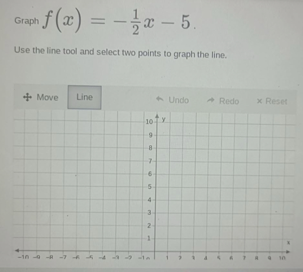 Graph f(x)=- 1/2 x-5. 
Use the line tool and select two points to graph the line. 
Move Line Undo Redo × Reset