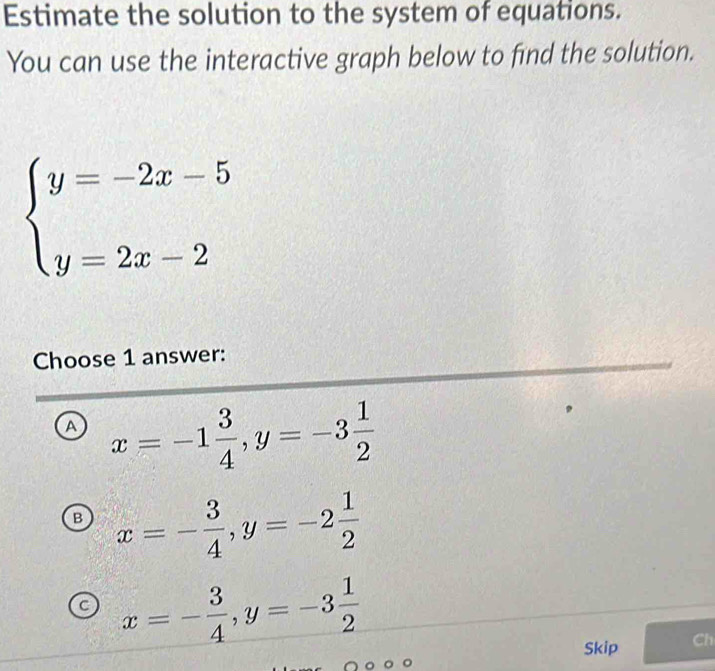 Estimate the solution to the system of equations.
You can use the interactive graph below to find the solution.
beginarrayl y=-2x-5 y=2x-2endarray.
Choose 1 answer:
A x=-1 3/4 , y=-3 1/2 
B x=- 3/4 , y=-2 1/2 
C x=- 3/4 , y=-3 1/2 
Skip Ch