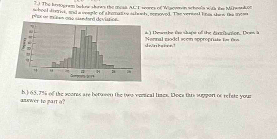 7.) The histogram below shows the mean ACT scores of Wisconsin schools with the Milwaukee 
school district, and a couple of alternative schools, removed. The vertical lines show the mean 
plus or minus one standard deviation. 
) Describe the shape of the distribution. Does a 
ormal model seem appropriate for this 
stribution? 
b.) 65.7% of the scores are between the two vertical lines. Does this support or refute your 
answer to part a?