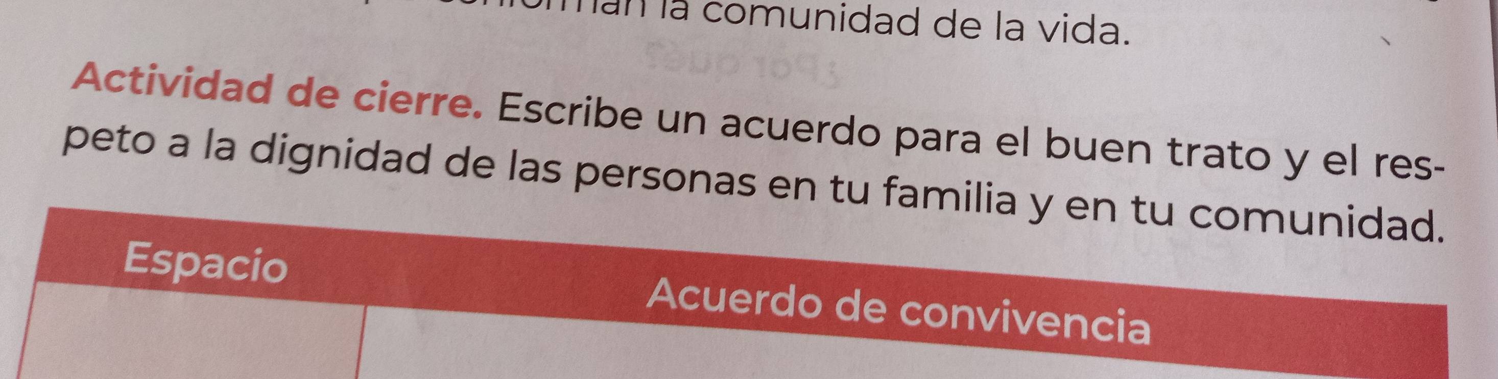 nan là comunidad de la vida. 
Actividad de cierre. Escribe un acuerdo para el buen trato y el res- 
peto a la dignidad de las personas en tu familia y en tu comunidad. 
Espacio Acuerdo de convivencia