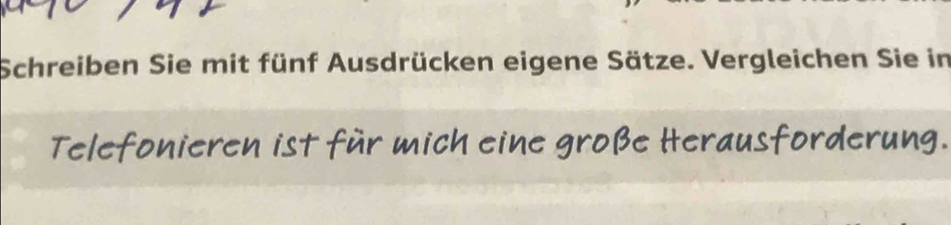 Schreiben Sie mit fünf Ausdrücken eigene Sätze. Vergleichen Sie in 
Telefonieren ist für mich eine große Herausforderung.