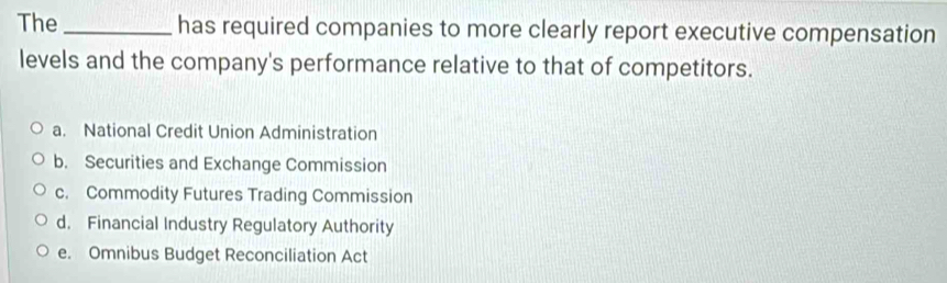 The _has required companies to more clearly report executive compensation
levels and the company's performance relative to that of competitors.
a. National Credit Union Administration
b. Securities and Exchange Commission
c. Commodity Futures Trading Commission
d. Financial Industry Regulatory Authority
e. Omnibus Budget Reconciliation Act