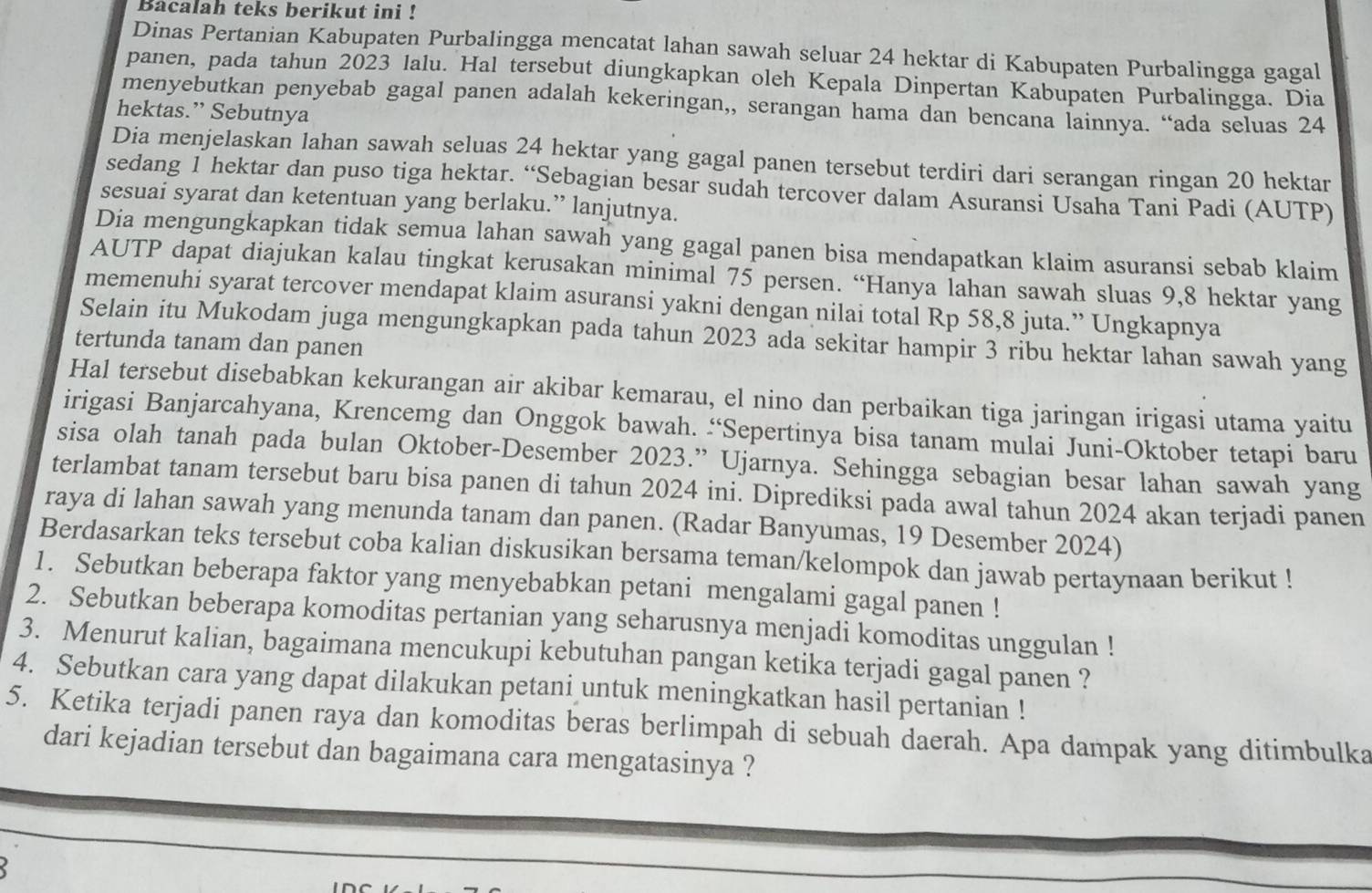 Bacalah teks berikut ini !
Dinas Pertanian Kabupaten Purbalingga mencatat lahan sawah seluar 24 hektar di Kabupaten Purbalingga gagal
panen, pada tahun 2023 lalu. Hal tersebut diungkapkan oleh Kepala Dinpertan Kabupaten Purbalingga. Dia
menyebutkan penyebab gagal panen adalah kekeringan,, serangan hama dan bencana lainnya. “ada seluas 24
hektas.” Sebutnya
Dia menjelaskan lahan sawah seluas 24 hektar yang gagal panen tersebut terdiri dari serangan ringan 20 hektar
sedang 1 hektar dan puso tiga hektar. “Sebagian besar sudah tercover dalam Asuransi Usaha Tani Padi (AUTP)
sesuai syarat dan ketentuan yang berlaku.” lanjutnya.
Dia mengungkapkan tidak semua lahan sawah yang gagal panen bisa mendapatkan klaim asuransi sebab klaim
AUTP dapat diajukan kalau tingkat kerusakan minimal 75 persen. “Hanya lahan sawah sluas 9,8 hektar yang
memenuhi syarat tercover mendapat klaim asuransi yakni dengan nilai total Rp 58,8 juta.” Ungkapnya
Selain itu Mukodam juga mengungkapkan pada tahun 2023 ada sekitar hampir 3 ribu hektar lahan sawah yang
tertunda tanam dan panen
Hal tersebut disebabkan kekurangan air akibar kemarau, el nino dan perbaikan tiga jaringan irigasi utama yaitu
irigasi Banjarcahyana, Krencemg dan Onggok bawah. “Sepertinya bisa tanam mulai Juni-Oktober tetapi baru
sisa olah tanah pada bulan Oktober-Desember 2023.” Ujarnya. Sehingga sebagian besar lahan sawah yang
terlambat tanam tersebut baru bisa panen di tahun 2024 ini. Diprediksi pada awal tahun 2024 akan terjadi panen
raya di lahan sawah yang menunda tanam dan panen. (Radar Banyumas, 19 Desember 2024)
Berdasarkan teks tersebut coba kalian diskusikan bersama teman/kelompok dan jawab pertaynaan berikut !
1. Sebutkan beberapa faktor yang menyebabkan petani mengalami gagal panen !
2. Sebutkan beberapa komoditas pertanian yang seharusnya menjadi komoditas unggulan !
3. Menurut kalian, bagaimana mencukupi kebutuhan pangan ketika terjadi gagal panen ?
4. Sebutkan cara yang dapat dilakukan petani untuk meningkatkan hasil pertanian !
5. Ketika terjadi panen raya dan komoditas beras berlimpah di sebuah daerah. Apa dampak yang ditimbulka
dari kejadian tersebut dan bagaimana cara mengatasinya ?