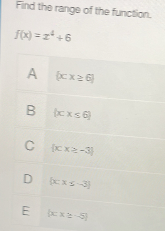 Find the range of the function.
f(x)=x^4+6