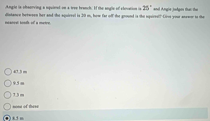 Angie is observing a squirrel on a tree branch: If the angle of elevation is 25° and Angie judges that the
distance between her and the squirrel is 20 m, how far off the ground is the squirrel? Give your answer to the
nearest tenth of a metre.
47.3 m
9.5 m
7.3 m
none of these
8.5 m