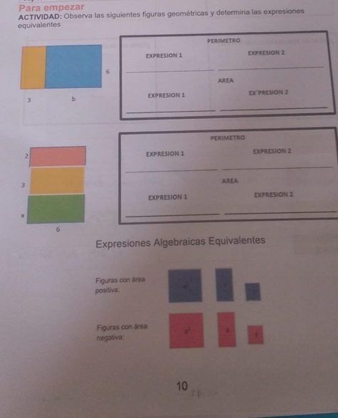 Para empezar 
ACTIVIDAD: Observa las siguientes figuras geométricas y determina las expresiones 
equivalentes 
PERIMETRO 
EXPRESION 1 EXPRESION 2 
6 
_ 
_ 
AREA 
3 b EXPRESION 1 EX^(PRESION 2 
_ 
_ 
PERIMETRO 
2 EXPRESION 1 EXPRESION 2 
_ 
_ 
3 
AREA 
EXPRESION 1 EXPRESION 2
x
_ 
_ 
6 
Expresiones Algebraicas Equivalentes 
Figuras con área 
positiva. 
Figuras con área x^2)
negativa: 
10