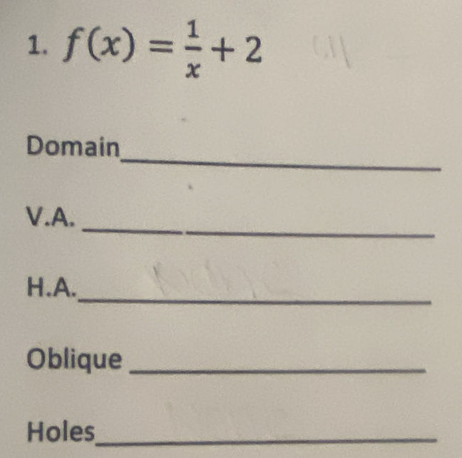 f(x)= 1/x +2
_ 
Domain 
_ 
V.A. 
_ 
H.A. 
Oblique_ 
Holes_