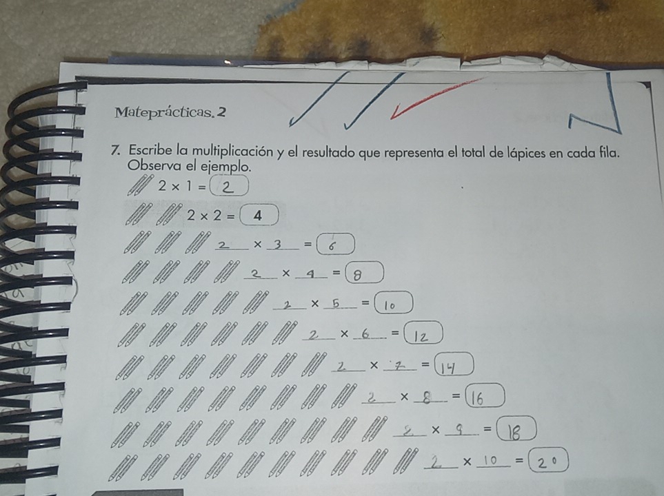 Mateprácticas, 2 
7. Escribe la multiplicación y el resultado que representa el total de lápices en cada fila. 
Observa el ejemplo.
2* 1=
2* 2=(4
_ * 3 □  =6
_ * _ 4=(8
_× 5 = ( 1o° 
_ * _ 6 _ = 
_ * _= 
_ 
_= 
_× _= 
_ 
_=