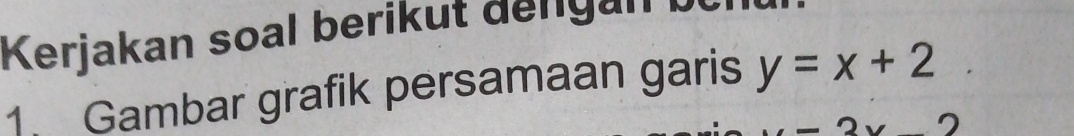 Kerjakan soal berikut dengan 
1. Gambar grafik persamaan garis y=x+2
2