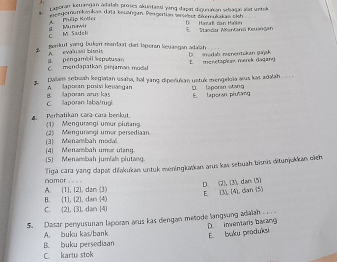 A
t. Laporan keuangan adalah proses akuntansi yang dapat digunakan sebagai alat untuk
mengomunikasikan data keuangan. Pengertian tersebut dikemukakan oleh
A Philip Kotler
D. Hanaf dan Halim
B. Munawir
E. Standar AKuntansi Keuangan
C. M. Sadeli
2. Berikut yang bukan manfaat dari laporan keuangan adalah
A. evaluasi bisnis
B. pengambil keputusan D. mudah menentukan pajak
mendapatkan pinjaman modal E menetapkan merek dagang
3. Dalam sebuah kegiatan usaha, hal yang diperlukan untuk mengelola arus kas adalah . . . .
A. laporan posisi keuangan D. laporan utang
B. laporan arus kas
E. laporan piutang
C. Iaporan laba/rugi
4. Perhatikan cara-cara berikut.
(1) Mengurangi umur piutang.
(2) Mengurangi umur persediaan.
(3) Menambah modal.
(4) Menambah umur utang.
(5) Menambah jumlah piutang
Tiga cara yang dapat dilakukan untuk meningkatkan arus kas sebuah bisnis ditunjukkan oleh
nomor . . . .
D. (2), (3), dan (5)
A. (1), (2), dan (3)
E. (3), (4), dan (5)
B. (1), (2), dan (4)
C. (2), (3), dan (4)
5. Dasar penyusunan laporan arus kas dengan metode langsung adalah . . . .
D. inventaris barang
A. buku kas/bank
E. buku produksi
B. buku persediaan
C. kartu stok