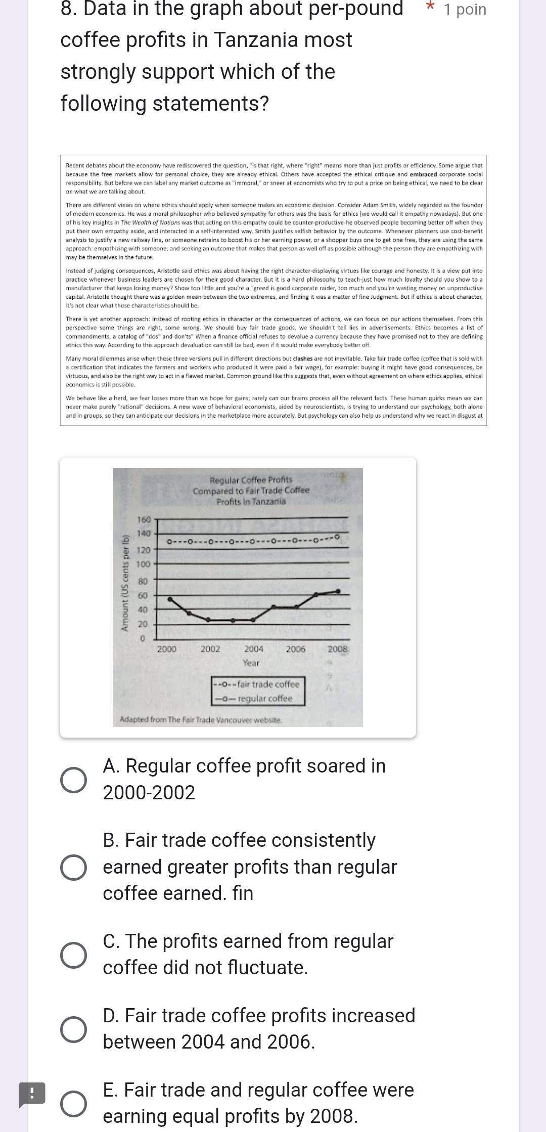 Data in the graph about per-pound * 1 poin
coffee profits in Tanzania most
strongly support which of the
following statements?
because the free markets allow for personal choice, they are already ethical. Others have accepted the ethical critique and embraced corporate social
responsibility. But before we can label any market outcome as "immoral," or sneer at economists who try to put a price on being ethical, we need to be clear
There are different views on where ethics should apply when someone makes an economic decision. Consider Adam Smith, widely regarded as the founder
of modern economics. He was a moral philosopher who believed sympathy for others was the basis for ethics (we would call it empathy nowadays). But one
of his key insights in The Weolth of Notions was that acting on this empathy could be counter-productive-he observed people becoming better off when they
practice whenever business leaders are chosen for their good character. But it is a hard philosophy to teach-just how much loyalty should you show to a
it's not clear what those characteristics should be
perspective some things are right, some wrong. We should buy fair trade goods, we shouldn't tell lies in advertisements. Ethics becomes a list of
commandments, a catalog of "dos" and don'ts" When a finance official refuses to devalue a currency because they have promised not to they are defining
Many moral dilemmas arise when these three versions pull in different directions but clashes are not inevitable. Take fair trade coffee (coffee that is sold with
a certification that indicates the farmers and workers who produced it were paid a fair wage), for example: buying it might have good consequences, be
virtuous, and also be the right way to act in a flawed market. Common ground like this suggests that, even without agreement on where ethics applies, ethical
We behave like a herd, we fear losses more than we hope for gains; rarely can our brains process all the relevant facts. These human quirks mean we can
never make purely 'rational'' decisions. A new wave of behavioral economists, aided by neuroscientists, is trying to understand our psychology, both alone
A. Regular coffee profit soared in
2000-2002
B. Fair trade coffee consistently
earned greater profits than regular
coffee earned. fin
C. The profits earned from regular
coffee did not fluctuate.
D. Fair trade coffee profits increased
between 2004 and 2006.
! E. Fair trade and regular coffee were
earning equal profits by 2008.