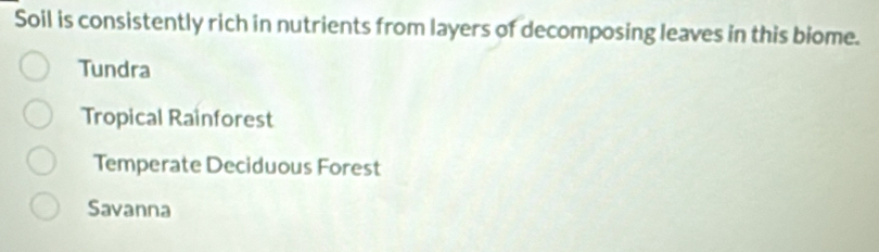 Soil is consistently rich in nutrients from layers of decomposing leaves in this biome.
Tundra
Tropical Rainforest
Temperate Deciduous Forest
Savanna