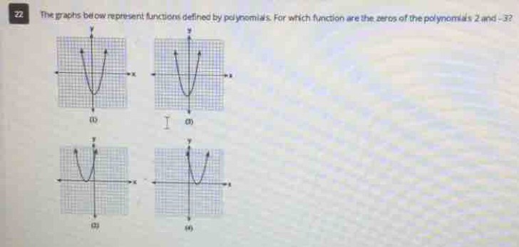 The graphs beow represent functions defined by polynomials. For which function are the zeros of the polynomials 2 and - 3? 
(3)