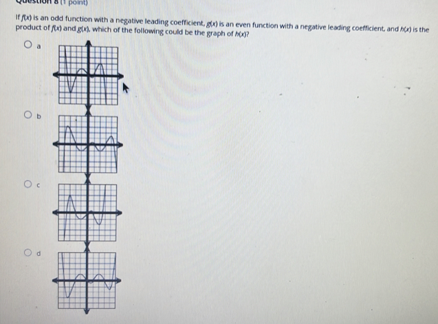 If f(x) is an odd function with a negative leading coefficient, g(x) is an even function with a negative leading coefficient, and h(x)
product of f(x) and g(x) , which of the following could be the graph of h(x) is the
a
b
C
d