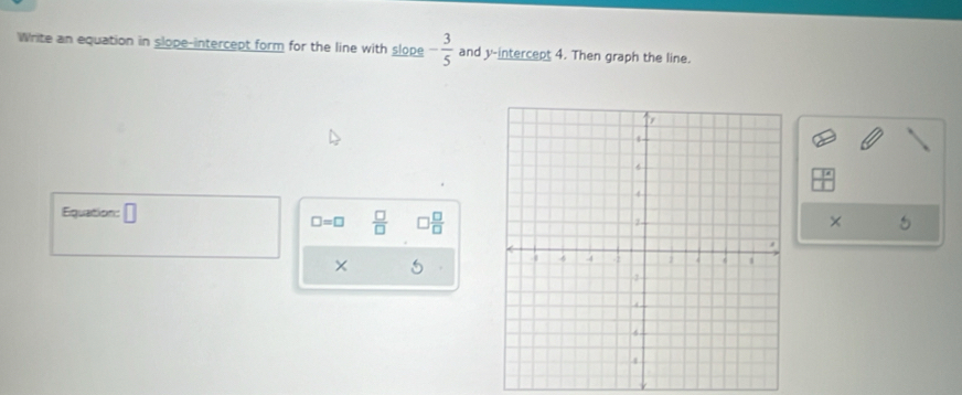 Write an equation in slope-intercept form for the line with slope - 3/5  and y-intercept 4. Then graph the line. 
Equation: □
□ =□  □ /□   □  □ /□  
× 
×