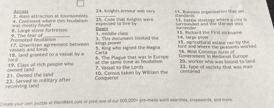 Across 24, knights Armour was very 
2. Main attraction at tournaments _standards 11. Business organization that set 
12. battle strategy where a city is 
was mostly found 4. Continent where this feudalism expected to live by 25. Code that Knights were surrounded and the starved into 
8. Large stone fortresses 1. middle class Down surrender 13. Richard the First nickname 
Promoted feudalism 9. The fear of 3. This document limited the 14. large plow 15. agricultural estate ran by the 
vassals and lords 17. Unwritten agreement between kings power 5. King who signed the Magna lord and where the peasants worked 
Carta 16. Most Common form of 
lord 18. land granted to a vassal by a 6. The Plague that was in Europe Government in Medieval Europe 
19. Class of rich people who at the same time as feudalism 20. worker who was bound to land 
owned land 7. Vassal to the Lords 22. type of society that was man 
21. Owned the land 10. Census taken by William the centered 
23. Served in military after Conqueror 
receiving land 
Create your own puzzle at WordMint.cor or print one of our 500,000+ pre-made word searches, crosswords, and more.