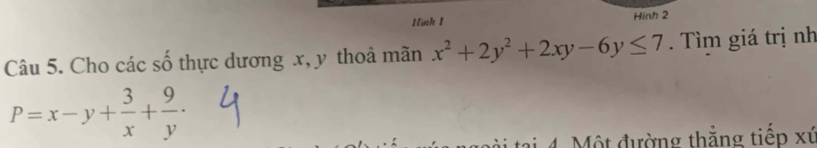 Hình 1 Hình 2
Câu 5. Cho các số thực dương x, y thoả mãn x^2+2y^2+2xy-6y≤ 7. Tìm giá trị nh
P=x-y+ 3/x + 9/y ·
* 4. Một đường thẳng tiếp xứ