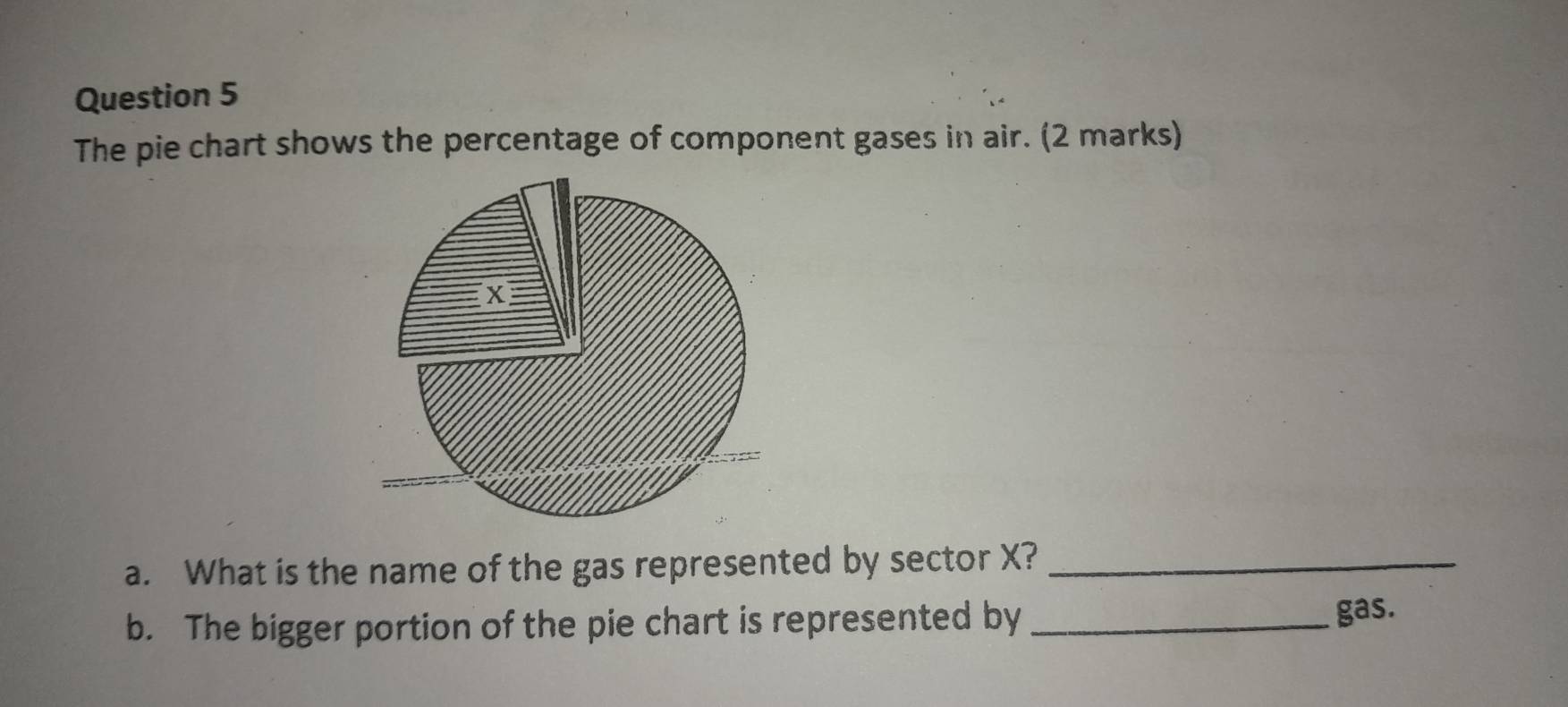 The pie chart shows the percentage of component gases in air. (2 marks) 
a. What is the name of the gas represented by sector X?_ 
b. The bigger portion of the pie chart is represented by_ 
gas.