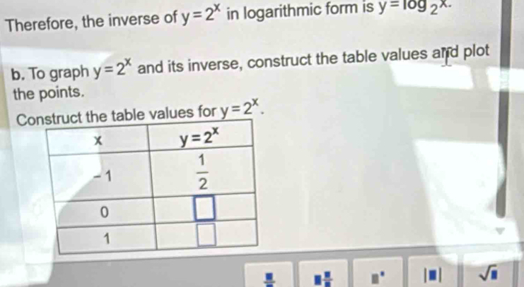 Therefore, the inverse of y=2^x in logarithmic form is y=log _2x.
b. To graph y=2^x and its inverse, construct the table values and plot
the points.
Cruct the table values for y=2^x.
 □ /□   □  □ /□   □°
sqrt(□ )