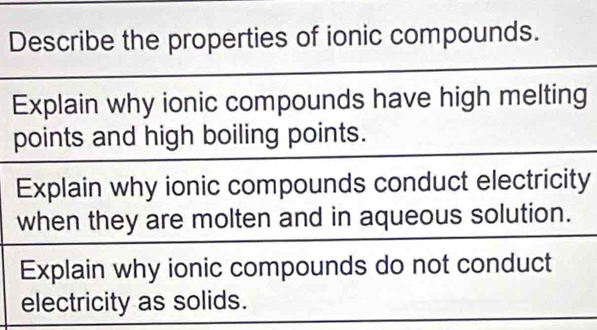 Describe the properties of ionic compounds. 
Explain why ionic compounds have high melting 
points and high boiling points. 
Explain why ionic compounds conduct electricity 
when they are molten and in aqueous solution. 
Explain why ionic compounds do not conduct 
electricity as solids.