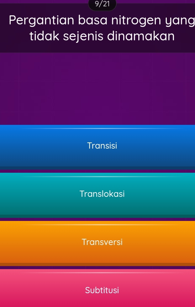 9/21
Pergantian basa nitrogen yang
tidak sejenis dinamakan
Transisi
Translokasi
Transversi
Subtitusi