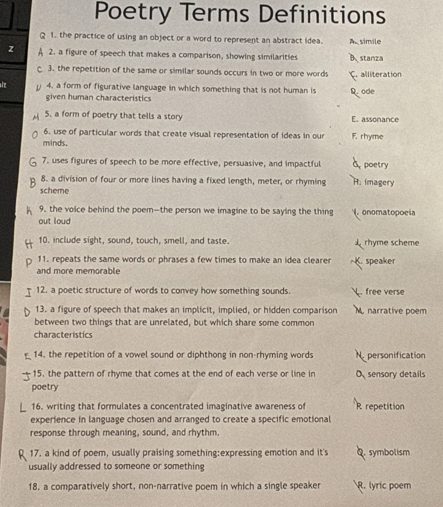 Poetry Terms Definitions
Q 1. the practice of using an object or a word to represent an abstract idea. A simile
z 2. a figure of speech that makes a comparison, showing similarities B. stanza
3. the repetition of the same or similar sounds occurs in two or more words C. alliteration
lt 4. a form of figurative language in which something that is not human is D. ode
given human characteristics
5. a form of poetry that tells a story E. assonance
6. use of particular words that create visual representation of ideas in our F. rhyme
minds.
7. uses figures of speech to be more effective, persuasive, and impactful poetry
8. a division of four or more lines having a fixed length, meter, or rhyming H. imagery
scheme
9. the voice behind the poem—the person we imagine to be saying the thing . onomatopoeia
out loud
10. include sight, sound, touch, smell, and taste. rhyme scheme
11. repeats the same words or phrases a few times to make an idea clearer speaker
and more memorable
12. a poetic structure of words to convey how something sounds.. free verse
13. a figure of speech that makes an implicit, implied, or hidden comparison M. narrative poem
between two things that are unrelated, but which share some common
characteristics
14. the repetition of a vowel sound or diphthong in non-rhyming words N.personification
15. the pattern of rhyme that comes at the end of each verse or line in sensory details
poetry
16. writing that formulates a concentrated imaginative awareness of R repetition
experience in language chosen and arranged to create a specific emotional
response through meaning, sound, and rhythm.
17. a kind of poem, usually praising something:expressing emotion and it's Q. symbolism
usually addressed to someone or something
18. a comparatively short, non-narrative poem in which a single speaker R. lyric poem