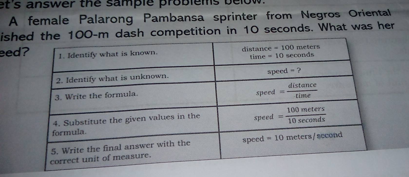 et's answer the sample problems below.
A female Palarong Pambansa sprinter from Negros Oriental
ishe competition in 10 seconds. What was her
eed