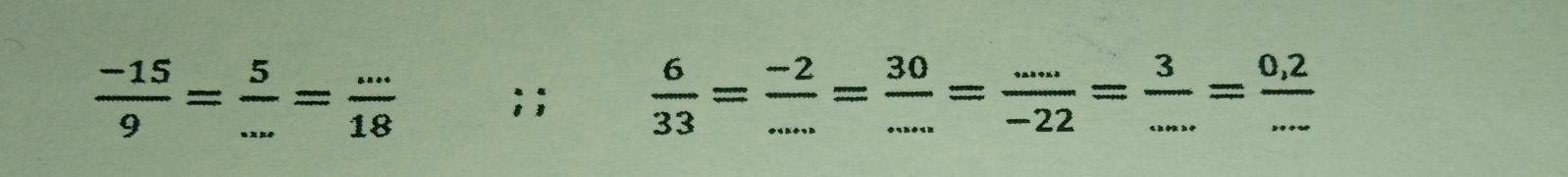  (-15)/9 = 5/... = (...)/18 ;;  6/33 = (-2)/... = 30/... = (...)/-22 = 3/... = (0,2)/... 