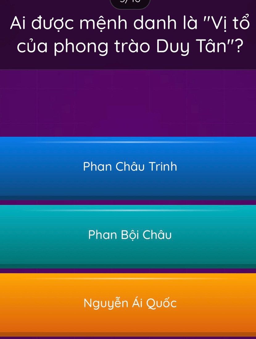 Ai được mệnh danh là ''Vị tổ
của phong trào Duy Tân''?
Phan Châu Trinh
Phan Bội Châu
Nguyễn Ái Quốc