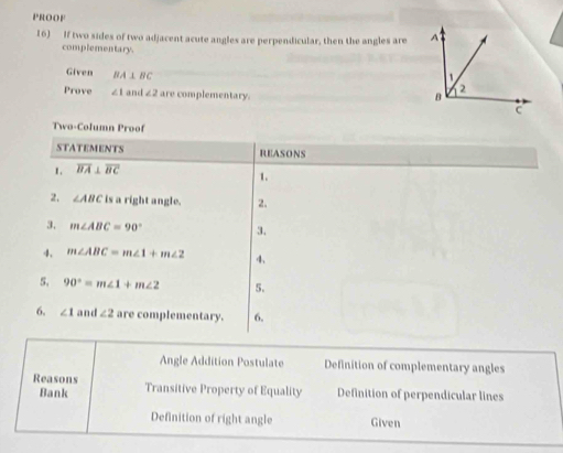 PROOF 
16) If two sides of two adjacent acute angles are perpendicular, then the angles are 
complementary. 
Given BA⊥ BC
Prove ∠ 1 anc ∠ 2 are complementary. 
Two-Column Proof 
STATEMENTS REASONS 
1. overline BA⊥ overline BC
1. 
2. ∠ ABC is a right angle. 2. 
3. m∠ ABC=90° 3. 
4. m∠ ABC=m∠ 1+m∠ 2 4、 
5, 90°=m∠ 1+m∠ 2 5. 
6, ∠ 1 and ∠ 2 are complementary. 6. 
Angle Addition Postulate Definition of complementary angles 
Reasons Transitive Property of Equality Definition of perpendicular lines 
Bank 
Definition of right angle Given