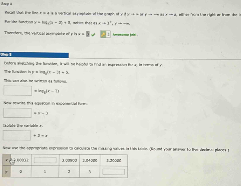 Recall that the line x=a is a vertical asymptote of the graph of yifyto ∈fty or yto -∈fty as xto a , either from the right or from the l
For the function y=log _5(x-3)+5 notice that as xto 3^+,yto -∈fty .
Therefore, the vertical asymptote of y is x=3sqrt(23) Awesome job!.
Step 5
Before sketching the function, it will be helpful to find an expression for x, in terms of y.
The function is y=log _5(x-3)+5.
This can also be written as follows.
□ =log _5(x-3)
Now rewrite this equation in exponential form.
□ =x-3
Isolate the variable x.
□ +3=x
Now use the appropriate expression to calculate the missing values in this table. (Round your answer to five decimal places.)