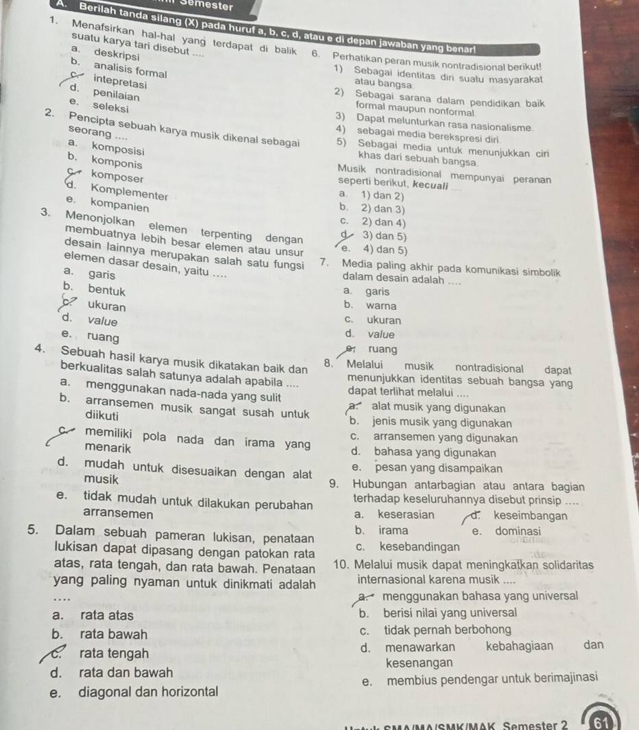 Semester
A. Berilah tanda silang (X) pada huruf a, b. c, d, atau e di depan jawaban yang benar
1. Menafsirkan hal-hal yang terdapat di balik 6. Perhatikan peran musik nontradisional berikut!
suatu karya tari disebut ....
a. deskripsi
b. analisis formal
1) Sebagai identitas din suatu masyarakat
intepretasi
atau bangsa
d. penilaian
2) Sebagai sarana dalam pendidikan baik
e. seleksi
formal maupun nonformal
3) Dapat melunturkan rasa nasionalisme
seorang ....
2. Pencipta sebuah karya musik dikenal sebagai 5) Sebagai media untuk menunjukkan cir
4) sebagai media berekspresi diri
a. komposisi
khas dari sebuah bangsa
b. komponis
Musik nontradisional mempunyai peranan
seperti berikut, kecuali
komposer d. Komplementer
a. 1) dan 2)
e. kompanien
b. 2) dan 3)
c. 2) dan 4)
3. Menonjolkan elemen terpenting dengan d 3) dan 5)
membuatnya lebih besar elemen atau unsur e. 4) dan 5)
desain lainnya merupakan salah satu fungsi 7. Media paling akhir pada komunikasi simbolik
elemen dasar desain, yaitu ....
a. garis
dalam desain adalah ....
b. bentuk
a garis
ukuran
b. wara
d. value
c. ukuran
e. ruang
d. value
ruang
4. Sebuah hasil karya musik dikatakan baik dan 8. Melalui  musik nontradisional dapat
berkualitas salah satunya adalah apabila .... menunjukkan identitas sebuah bangsa yang
a. menggunakan nada-nada yang sulit
dapat terlihat melalui ....
b. arransemen musik sangat susah untuk a. alat musik yang digunakan
diikuti b. jenis musik yang digunakan
c. arransemen yang digunakan
C memiliki pola nada dan irama yang d. bahasa yang digunakan
menarik
d. mudah untuk disesuaikan dengan alat e. pesan yang disampaikan
musik 9. Hubungan antarbagian atau antara bagian
terhadap keseluruhannya disebut prinsip ....
e. tidak mudah untuk dilakukan perubahan a. keserasian d. keseimbangan
arransemen
b. irama e. dominasi
5. Dalam sebuah pameran lukisan, penataan c. kesebandingan
lukisan dapat dipasang dengan patokan rata
atas, rata tengah, dan rata bawah. Penataan 10. Melalui musik dapat meningkatkan solidaritas
yang paling nyaman untuk dinikmati adalah internasional karena musik ....
amenggunakan bahasa yang universal
a. rata atas b. berisi nilai yang universal
b. rata bawah c. tidak pernah berbohong
c. rata tengah d. menawarkan kebahagiaan dan
kesenangan
d. rata dan bawah
e. diagonal dan horizontal e. membius pendengar untuk berimajinasi
/MA/SMK/MAK Semester