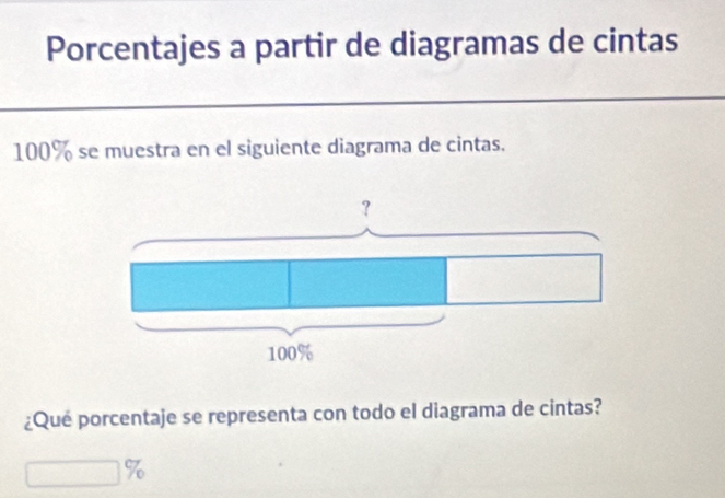 Porcentajes a partir de diagramas de cintas
100% se muestra en el siguiente diagrama de cintas. 
¿Qué porcentaje se representa con todo el diagrama de cintas?
∴ △ ADC=∠ BAD %