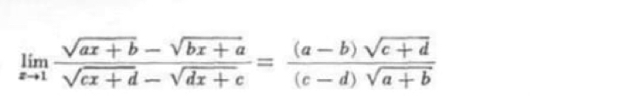 limlimits _xto 1 (sqrt(ax+b)-sqrt(bx+a))/sqrt(cx+d)-sqrt(dx+c) = ((a-b)sqrt(c+d))/(c-d)sqrt(a+b) 