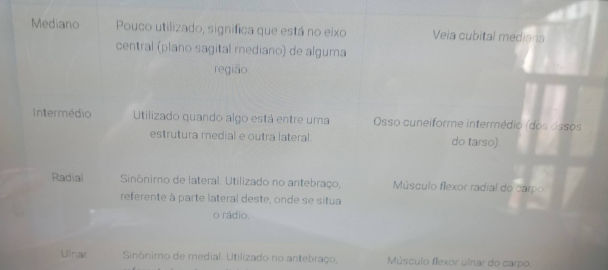 Mediano Pouco utilizado, significa que está no eixo Veia cubital mediana.
central (plano sagital mediano) de alguma
região
Intermédio Utilizado quando algo está entre uma Osso cuneiforme intermédio (dos ossos
estrutura medial e outra lateral. do tarso).
Radial Sinônimo de lateral. Utilizado no antebraço, Músculo flexor radial do carpo.
referente à parte lateral deste, onde se situa
o rádio.
Ulnar Sinônimo de medial. Utilizado no antebraço, Músculo flexor ulnar do carpo.