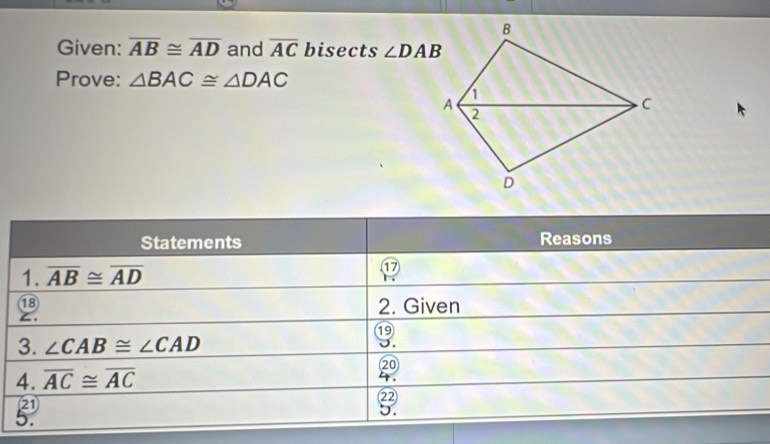 Given: overline AB≌ overline AD and overline AC bisects ∠ DAB
Prove: △ BAC≌ △ DAC