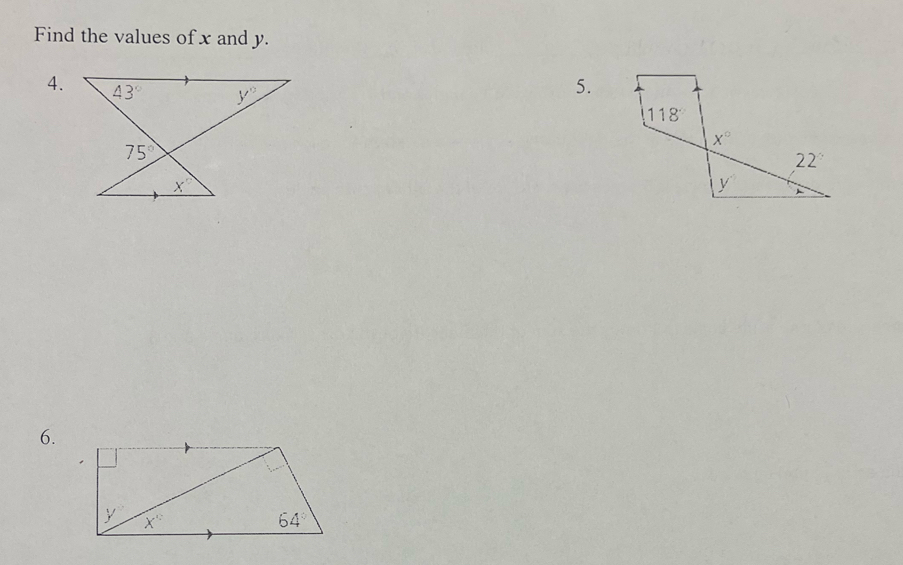 Find the values of x and y.
4.
5.
6.