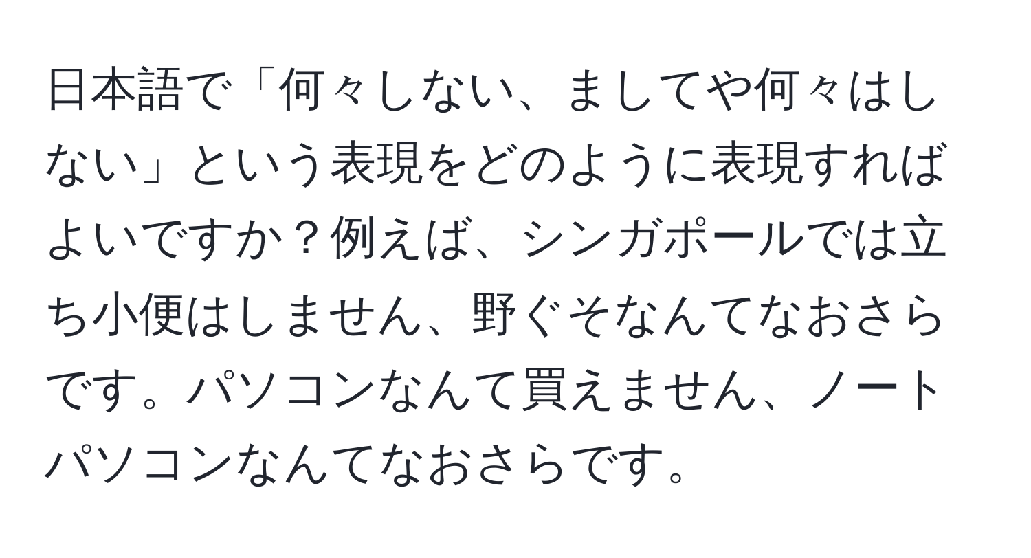 日本語で「何々しない、ましてや何々はしない」という表現をどのように表現すればよいですか？例えば、シンガポールでは立ち小便はしません、野ぐそなんてなおさらです。パソコンなんて買えません、ノートパソコンなんてなおさらです。