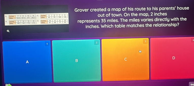 Grover created a map of his route to his parents' house
lohes Miles 105 135 out of town. On the map, 2 inches
lnches 13 17 21 represents 35 miles. The miles varies directly with the
Millers 6 6 27
inches. Which table matches the relationship?
Q
3
1
2
A
B
C
D
Skl